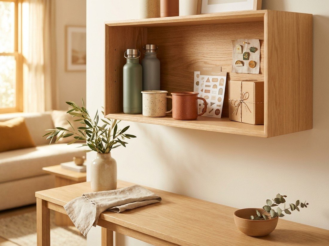 A styled shelf of everyday goods